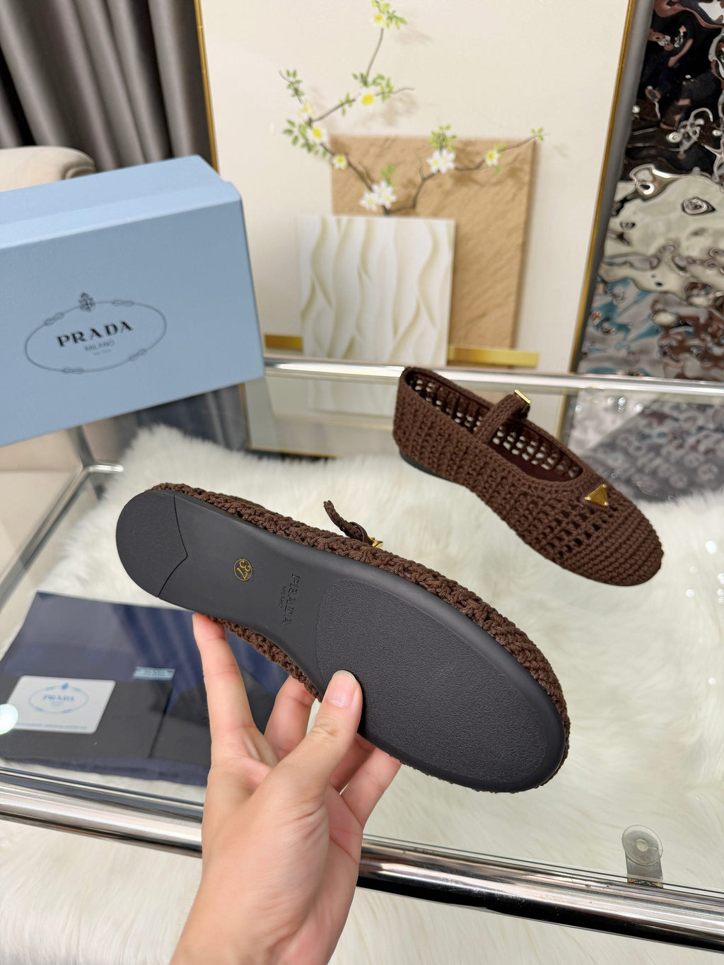 PRADA MARY JANE FLATS IN COCOA BROWN CROCHET