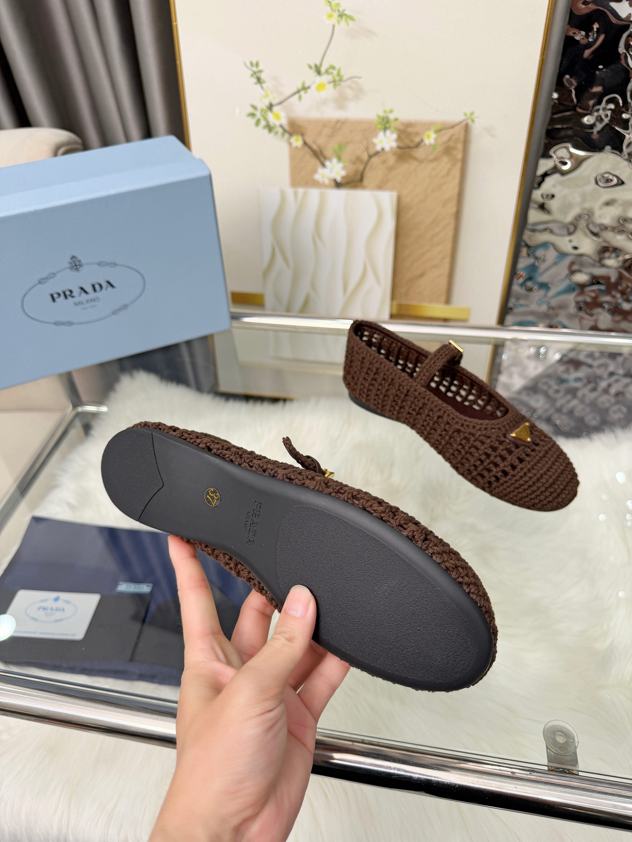 PRADA MARY JANE FLATS IN COCOA BROWN CROCHET