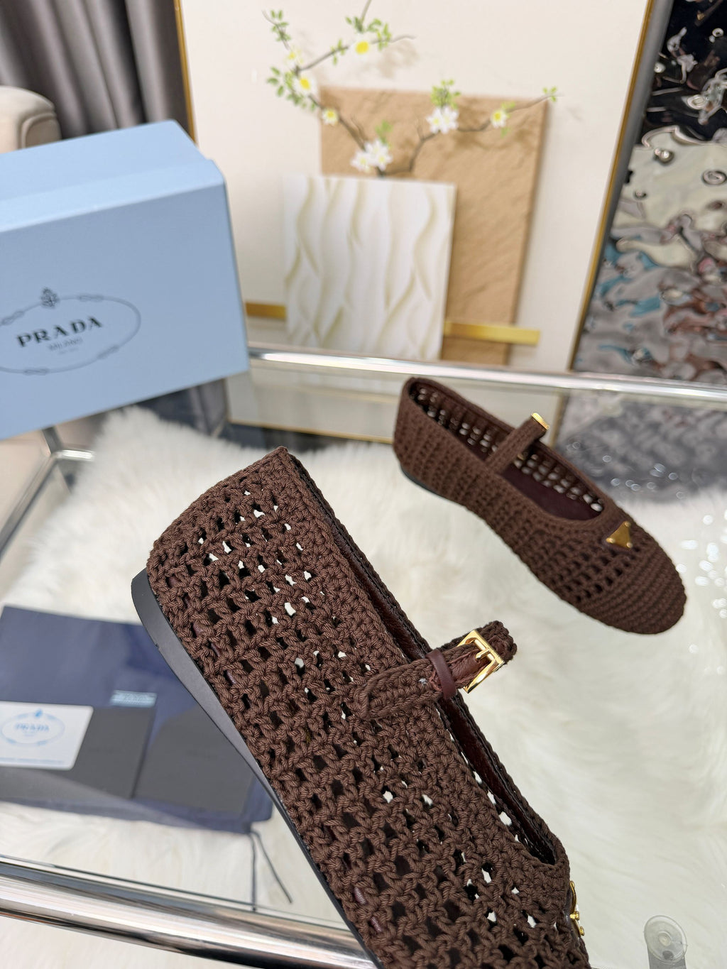 PRADA MARY JANE FLATS IN COCOA BROWN CROCHET