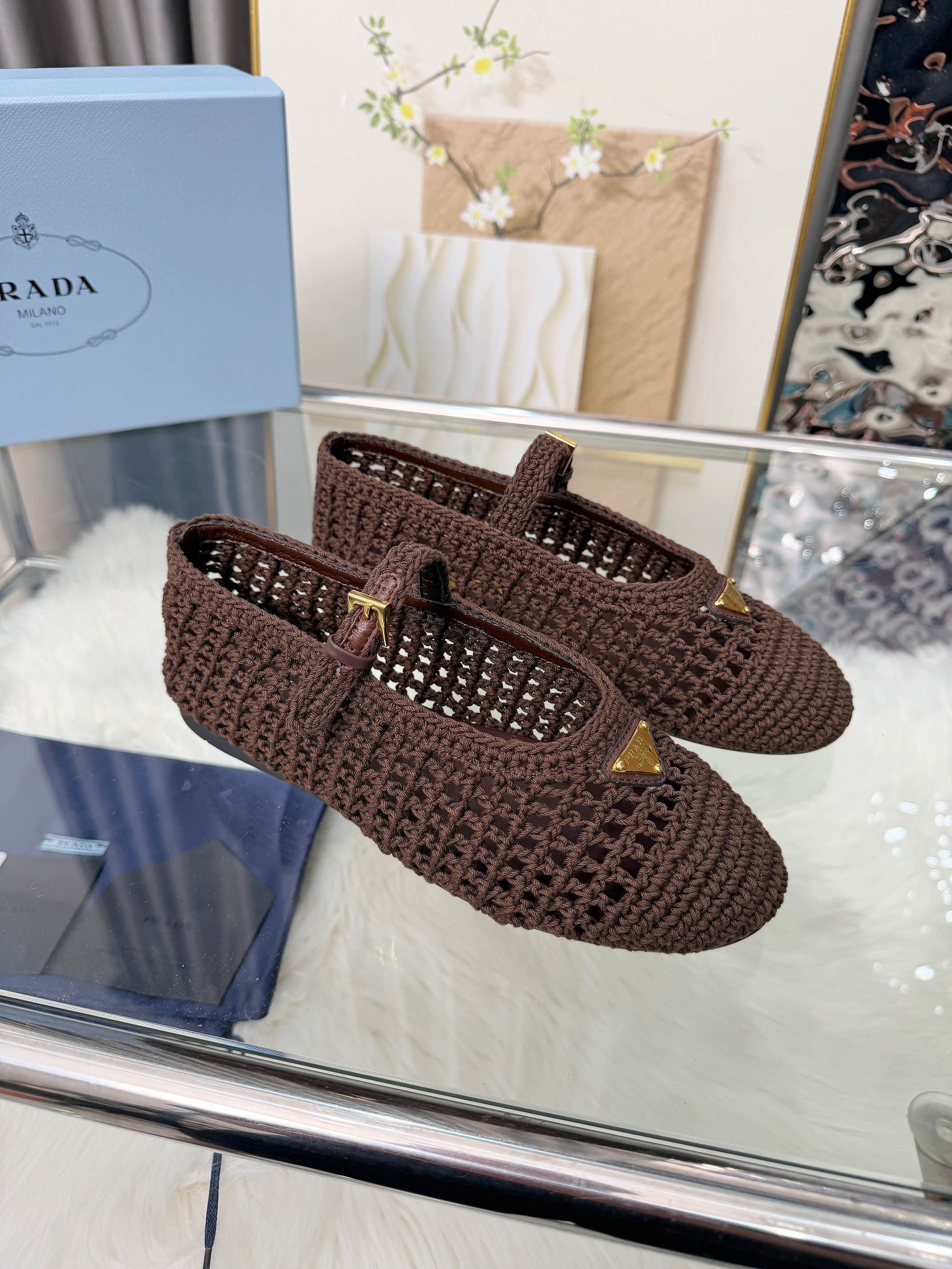 PRADA MARY JANE FLATS IN COCOA BROWN CROCHET
