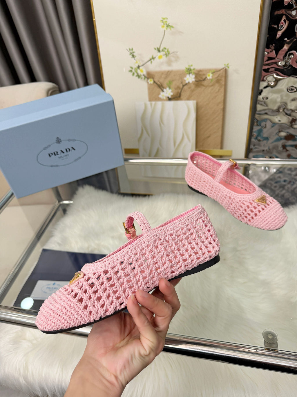 PRADA MARY JANE FLATS IN PINK CROCHET