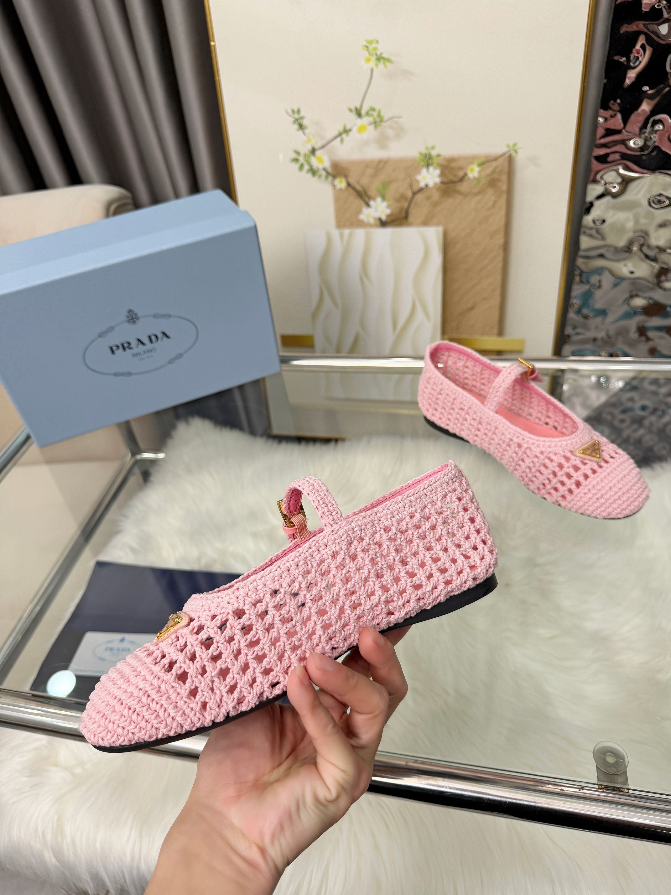 PRADA MARY JANE FLATS IN PINK CROCHET