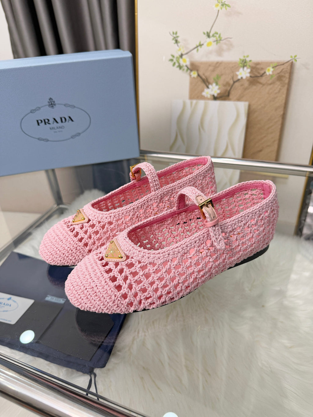 PRADA MARY JANE FLATS IN PINK CROCHET