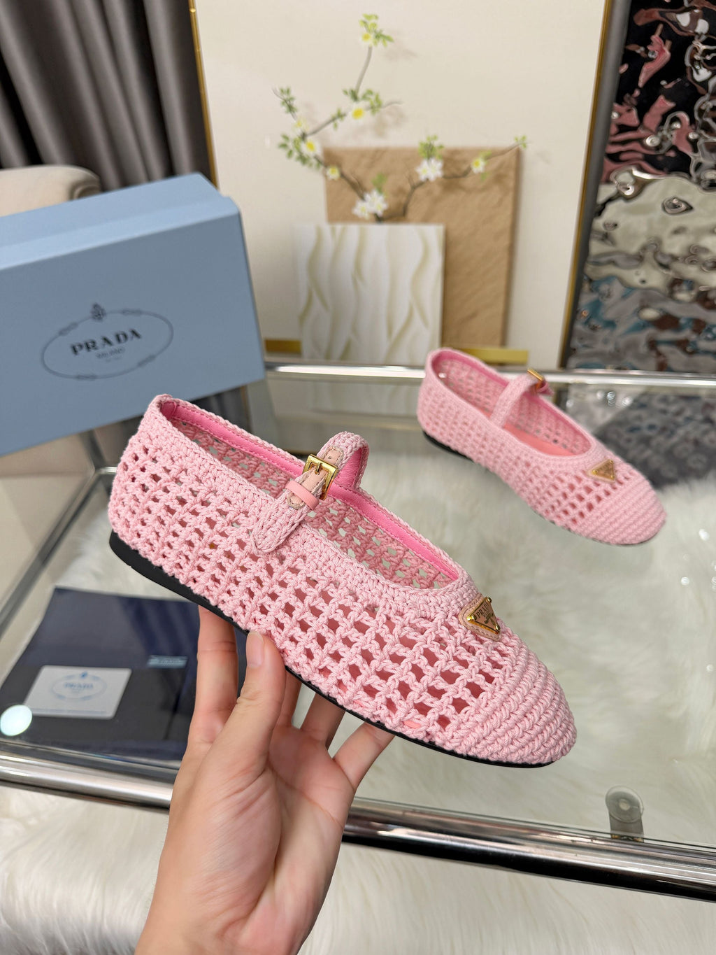 PRADA MARY JANE FLATS IN PINK CROCHET