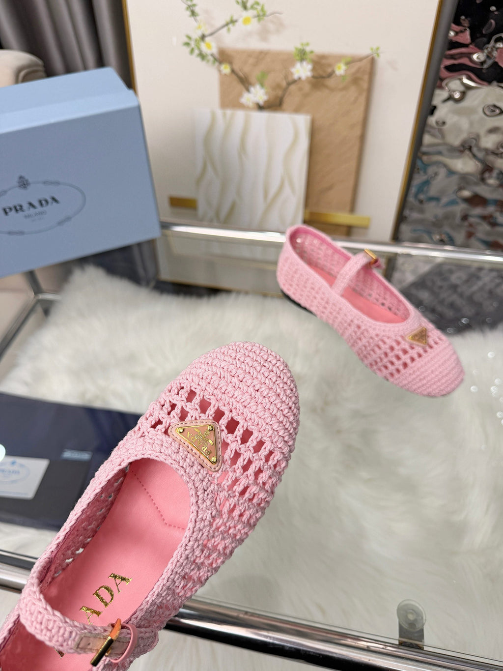 PRADA MARY JANE FLATS IN PINK CROCHET