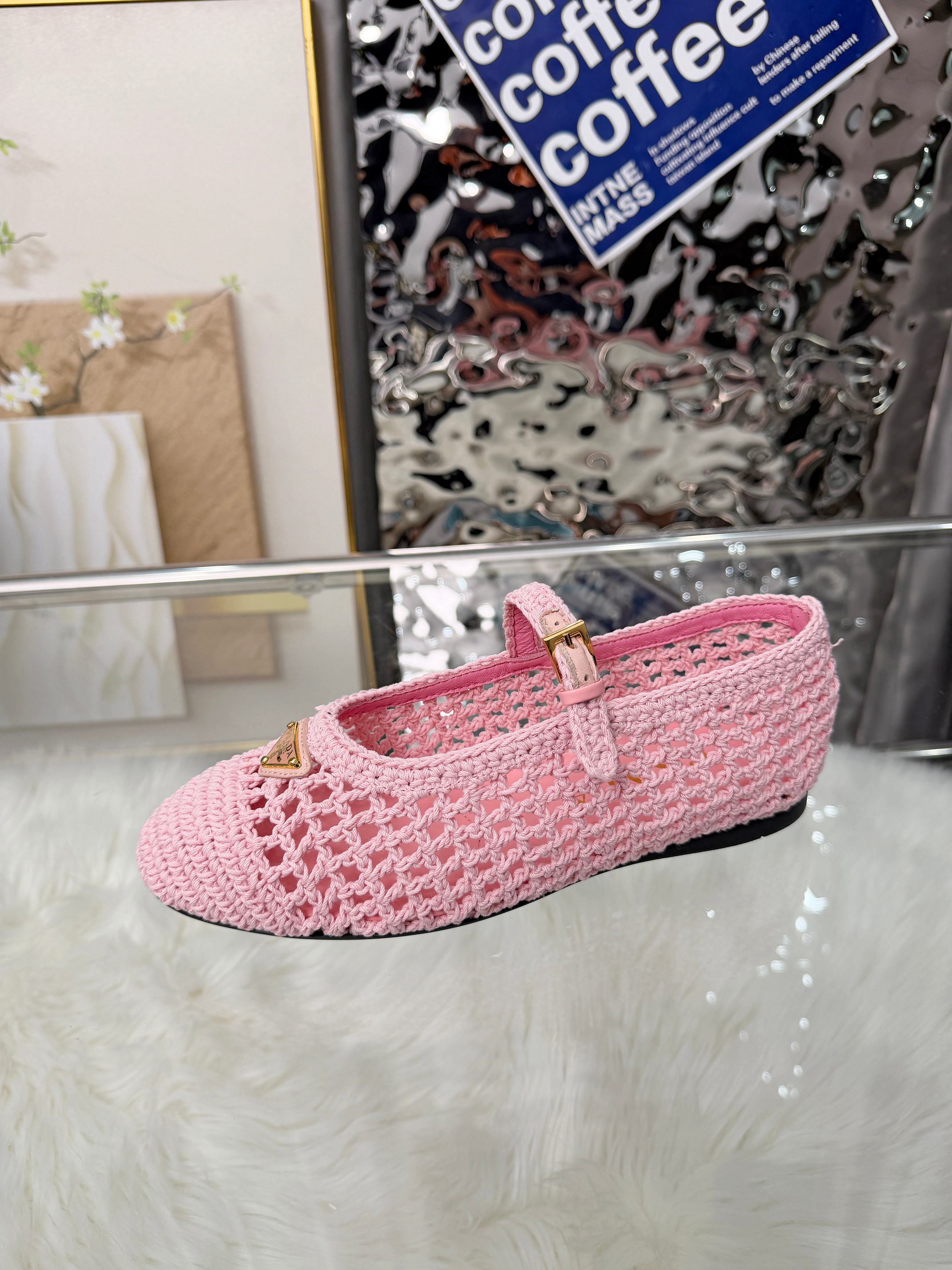 PRADA MARY JANE FLATS IN PINK CROCHET