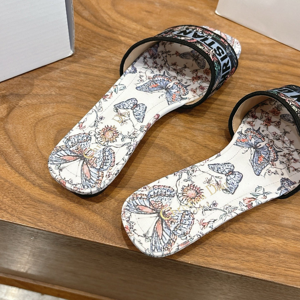 DIOR 26S D-WAY SLIDE IN WHITE BUTTERFLY PRINT EMBROIDERED COTTON