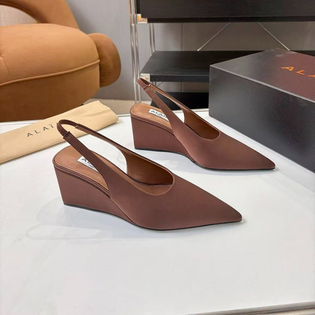 ALAIA CUBE SATIN SLINGBACK WEDGE PUMP IN A CHESTNUT BROWN SATIN