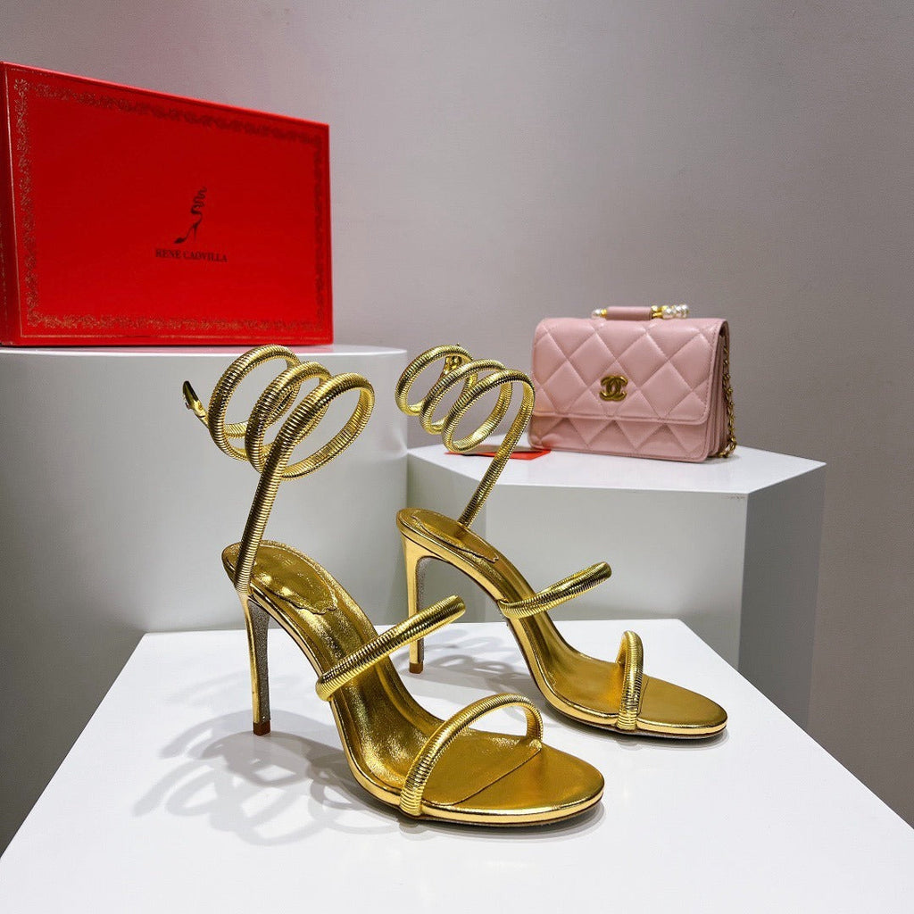 RENE CAOVILLA 26S STILETTO SANDALS 95 MM IN METALIC GOLD 01