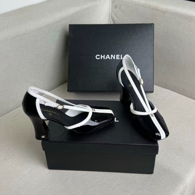 CHANEL 26S MARY JANES 85MM IN BLACK AND WHITE PATENT CAFLSKIN