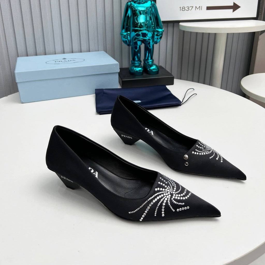 PRADA 26S POINTED TOE PUMPS 40MM IN BLACK SATIN CRYSTAL EMBELLISHED