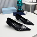 PRADA 26S POINTED TOE PUMPS 40MM IN BLACK SATIN CRYSTAL EMBELLISHED