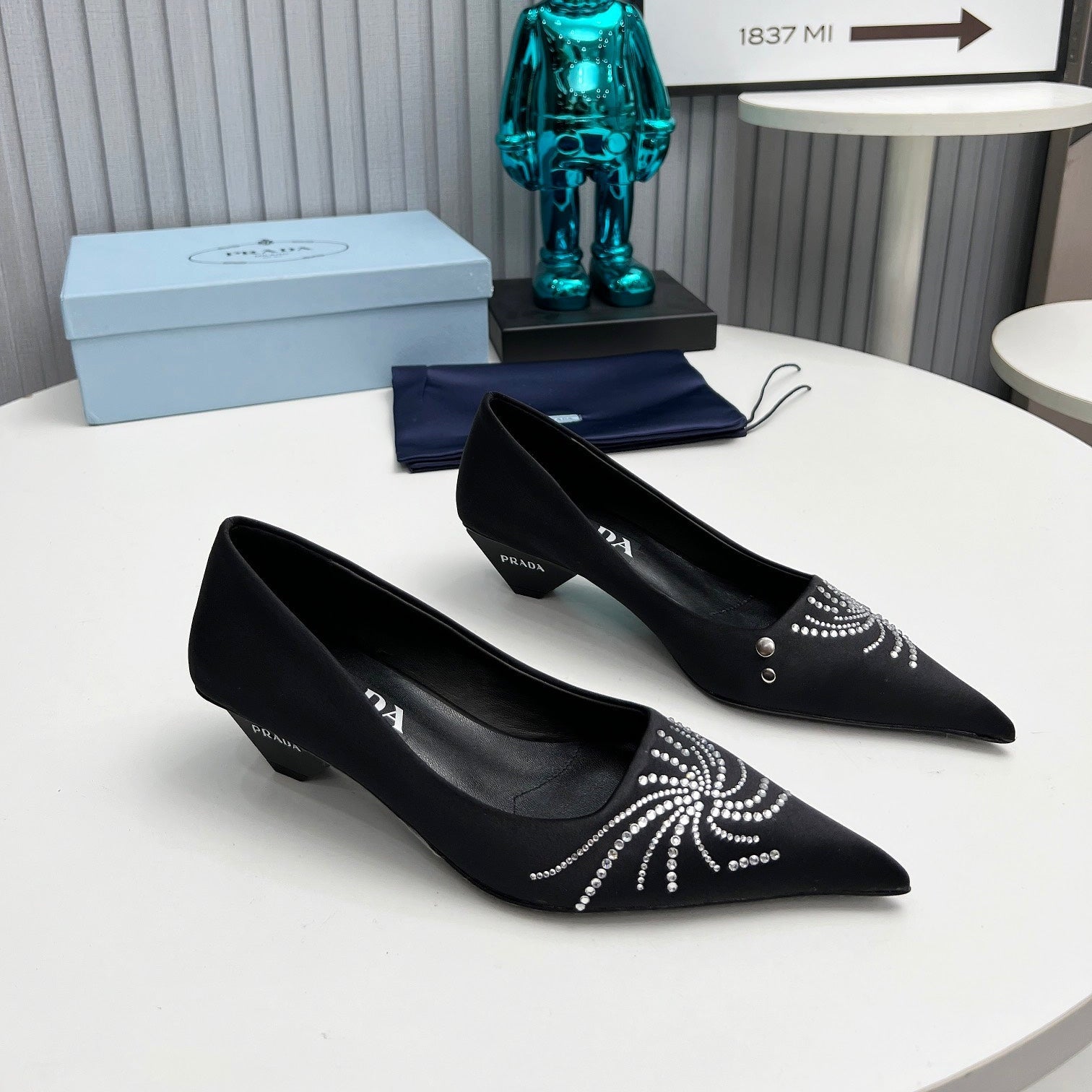 PRADA 26S POINTED TOE PUMPS 40MM IN BLACK SATIN CRYSTAL EMBELLISHED