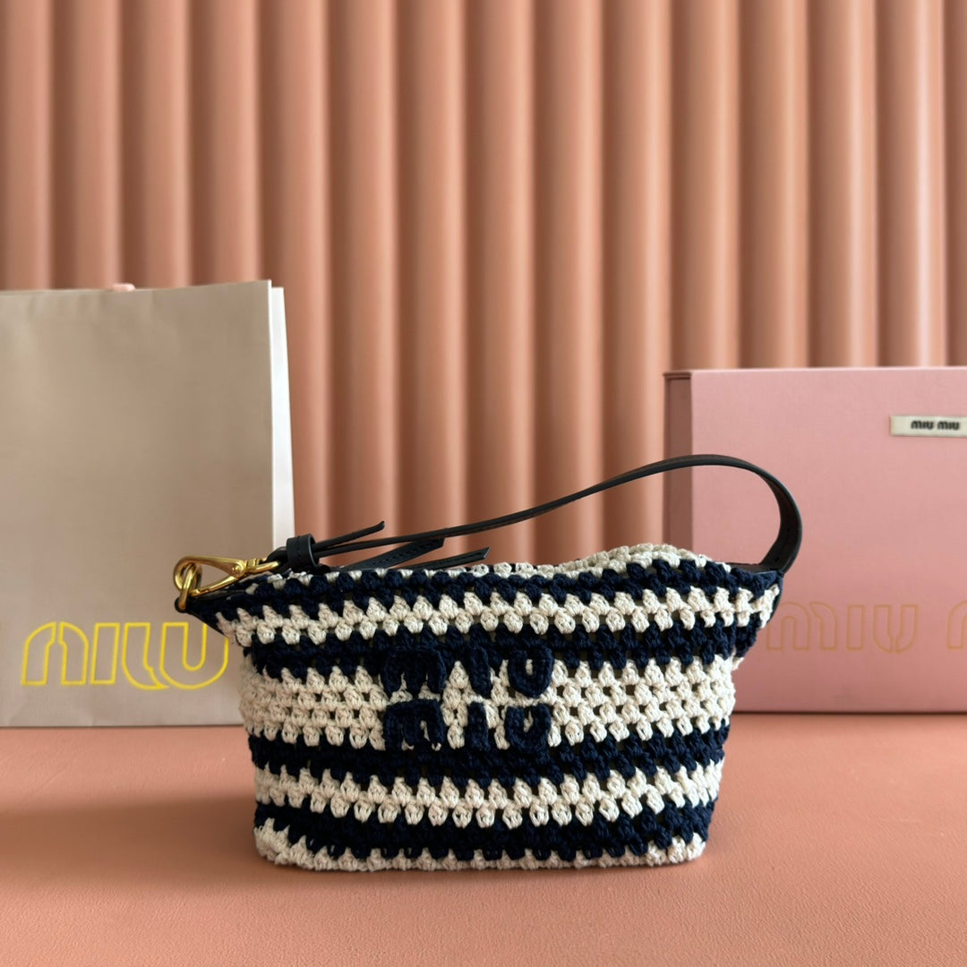 MIUMIU 26S CROCHET POUCH 25 IN BLUE AND WHITE STRIPES WOOL