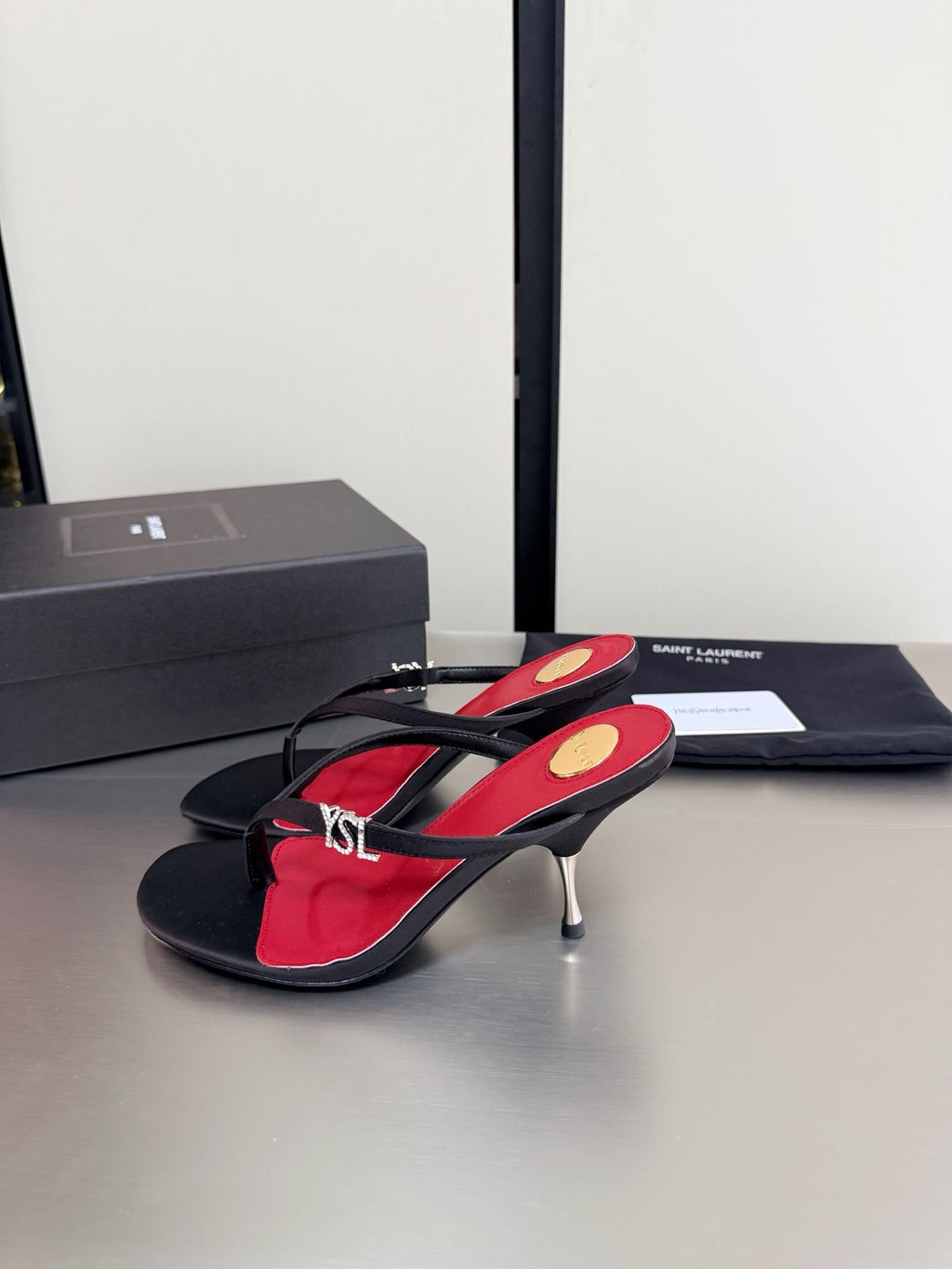 SAINT LAURENT JERRY MULES 75MM IN BLACK FABRIC  SILVER LOGO