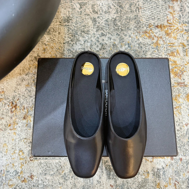 YSL 26S FLAT MULES IN BLACK CALFSKIN