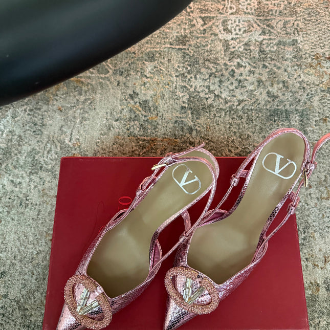 VALENTINO 26S SLINGBACKS 75 MM IN METALLIC PINK SNAKESKIN