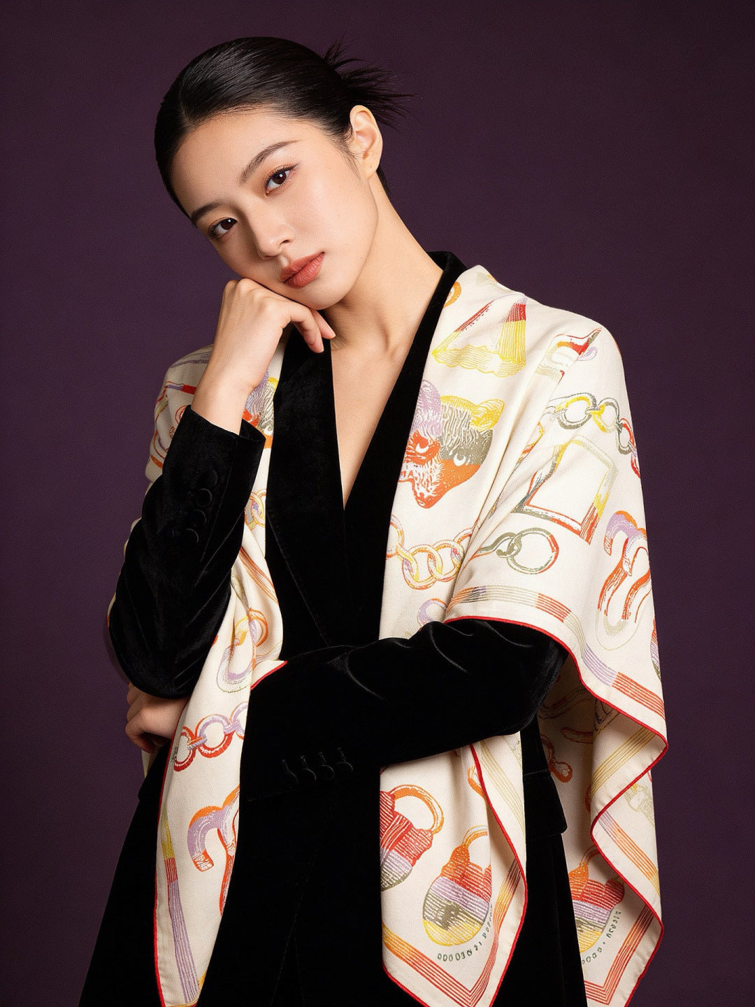 HERMES 26S PRINTED SQUARE SCARF 135 IN CASHMERE AND SILK 307236