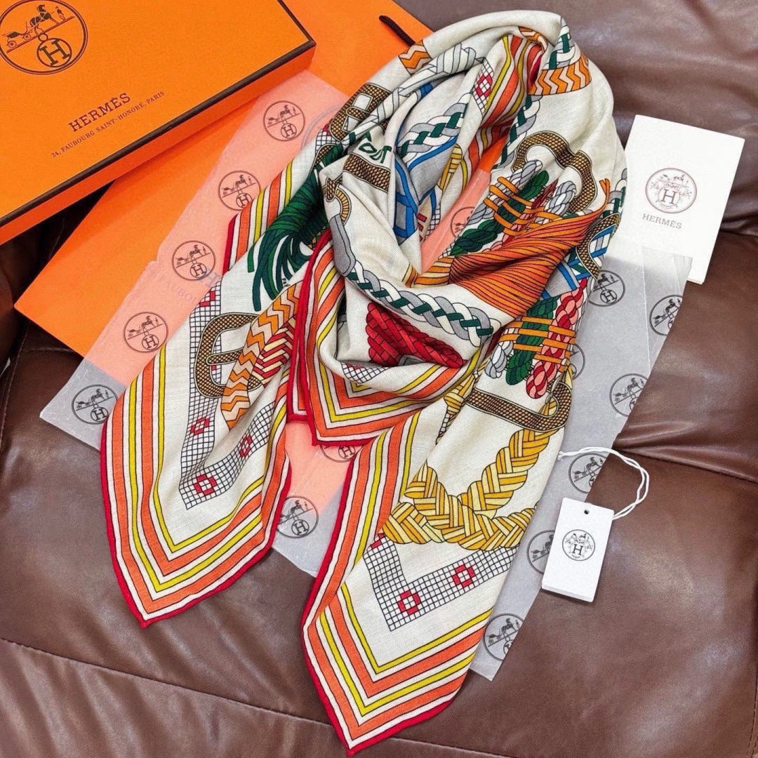 HERMES 26S PRINTED SQUARE SCARF 135 IN CASHMERE AND SILK 307246