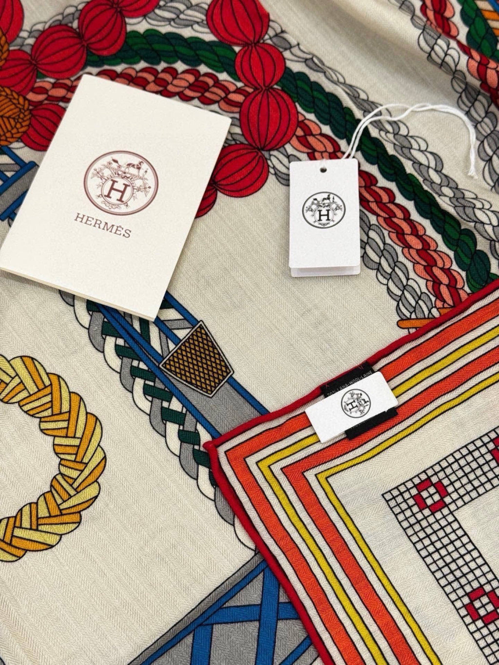HERMES 26S PRINTED SQUARE SCARF 135 IN CASHMERE AND SILK 307246