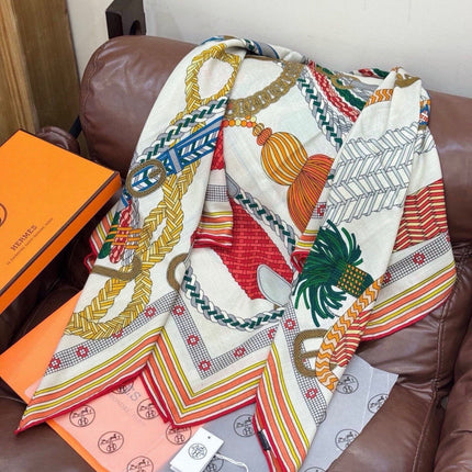 HERMES 26S PRINTED SQUARE SCARF 135 IN CASHMERE AND SILK 307246