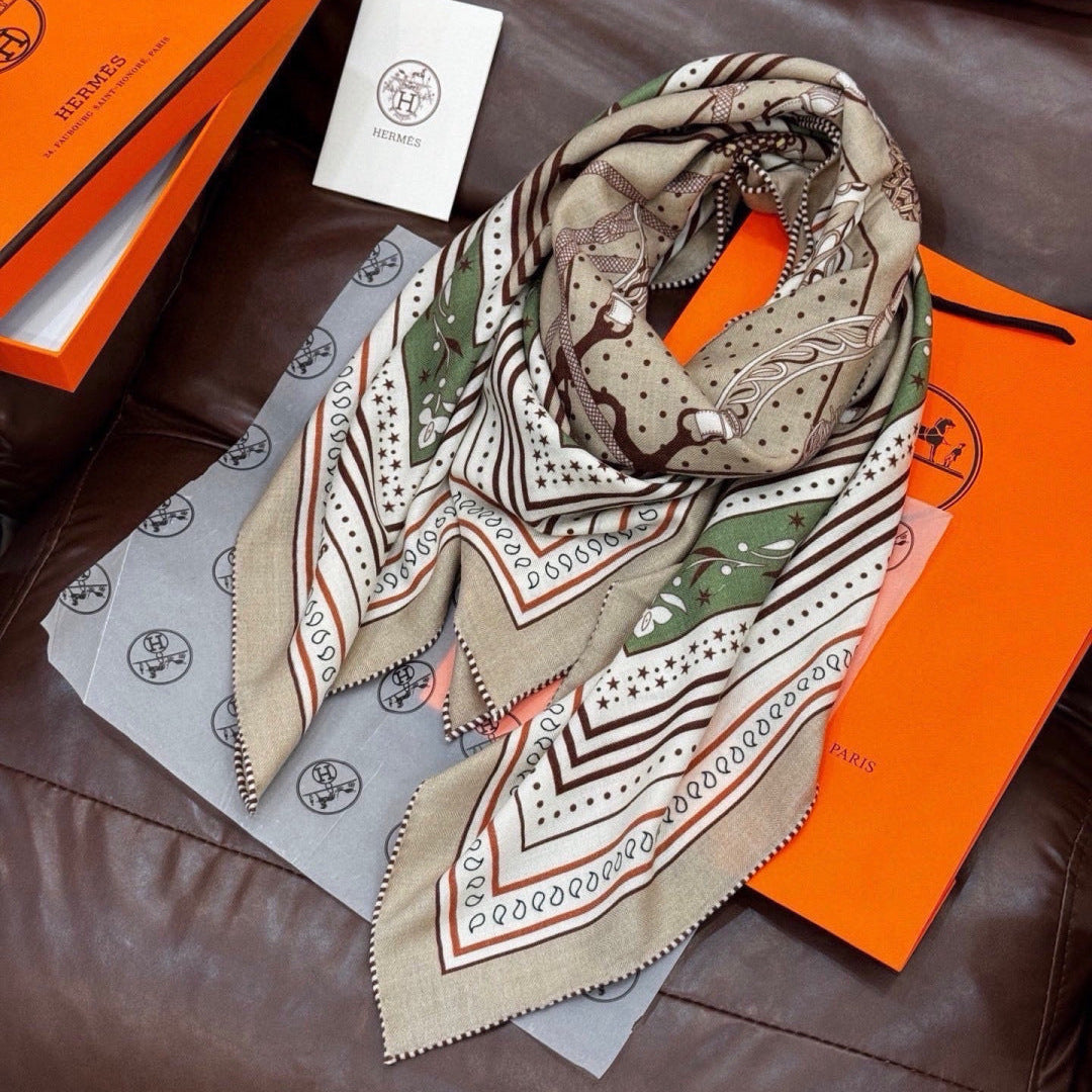 HERMES 26S PRINTED SQUARE SCARF 140 IN CASHMERE AND SILK 307281