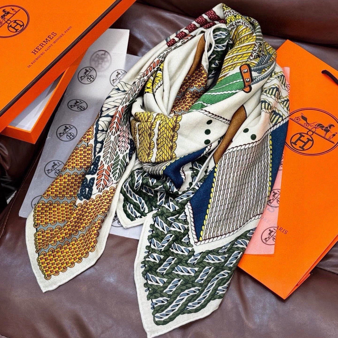 HERMES 26S PRINTED SQUARE SCARF 140 IN CASHMERE AND SILK 309319