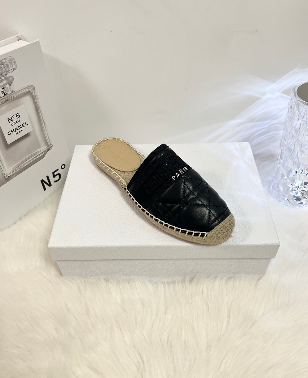 GRANVILLE ESPADRILLE MULE BLACK QUILTED CANNAGE CALFSKIN