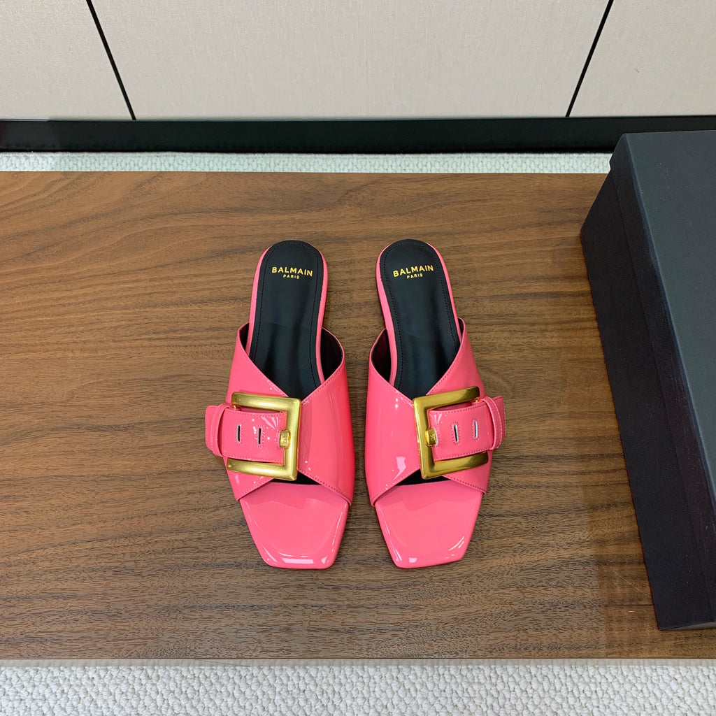 BALMAIN 26S B-BELT FLAT SANDALS IN PINK CALFSKIN