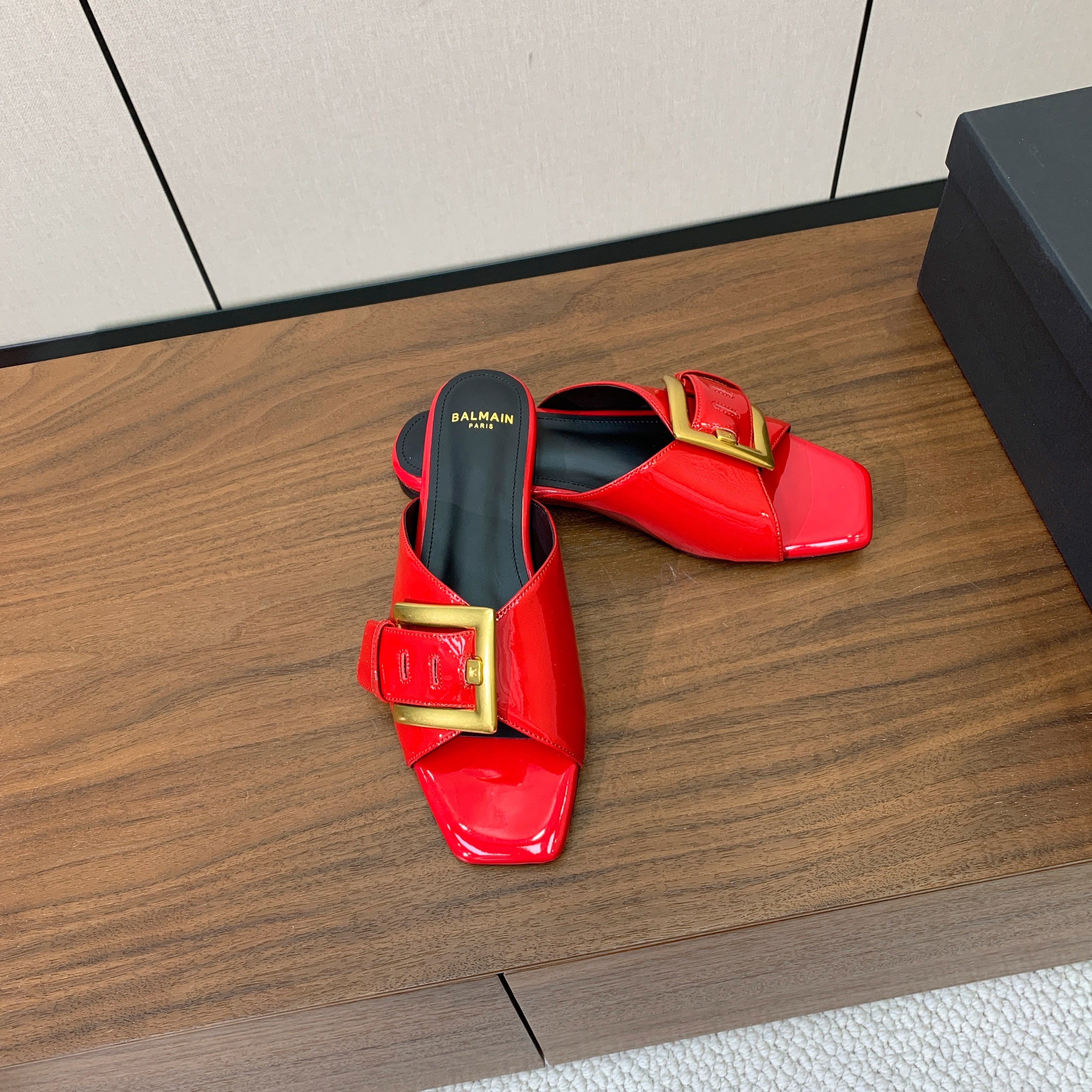 BALMAIN 26S B-BELT FLAT SANDALS IN RED CALFSKIN