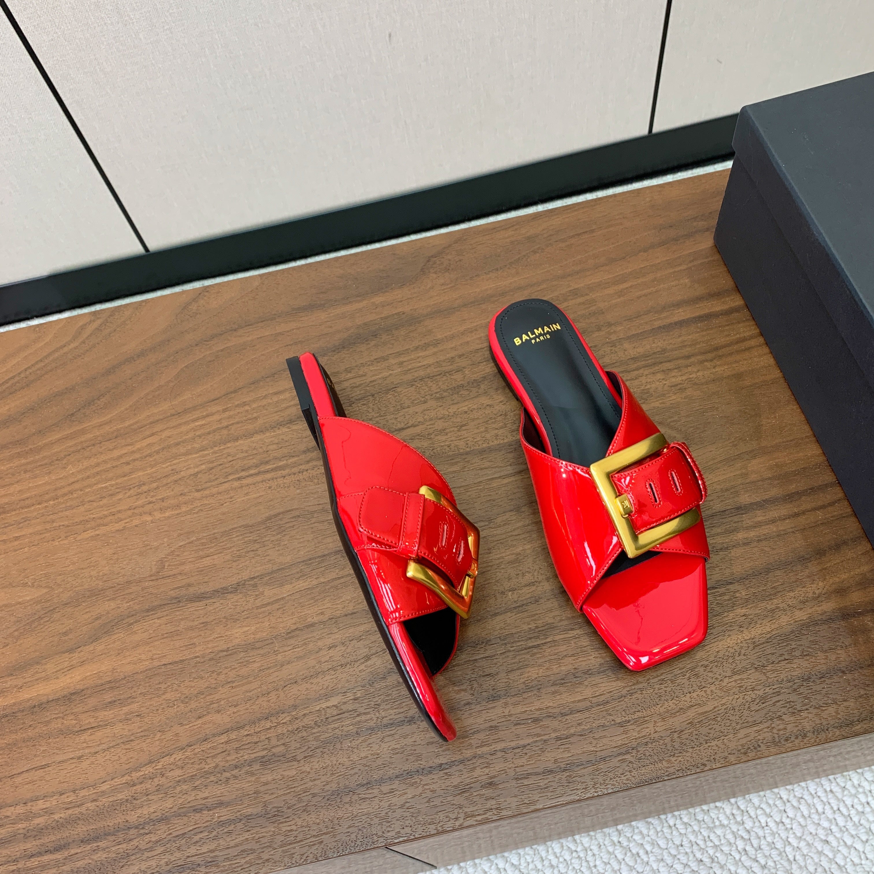 BALMAIN 26S B-BELT FLAT SANDALS IN RED CALFSKIN
