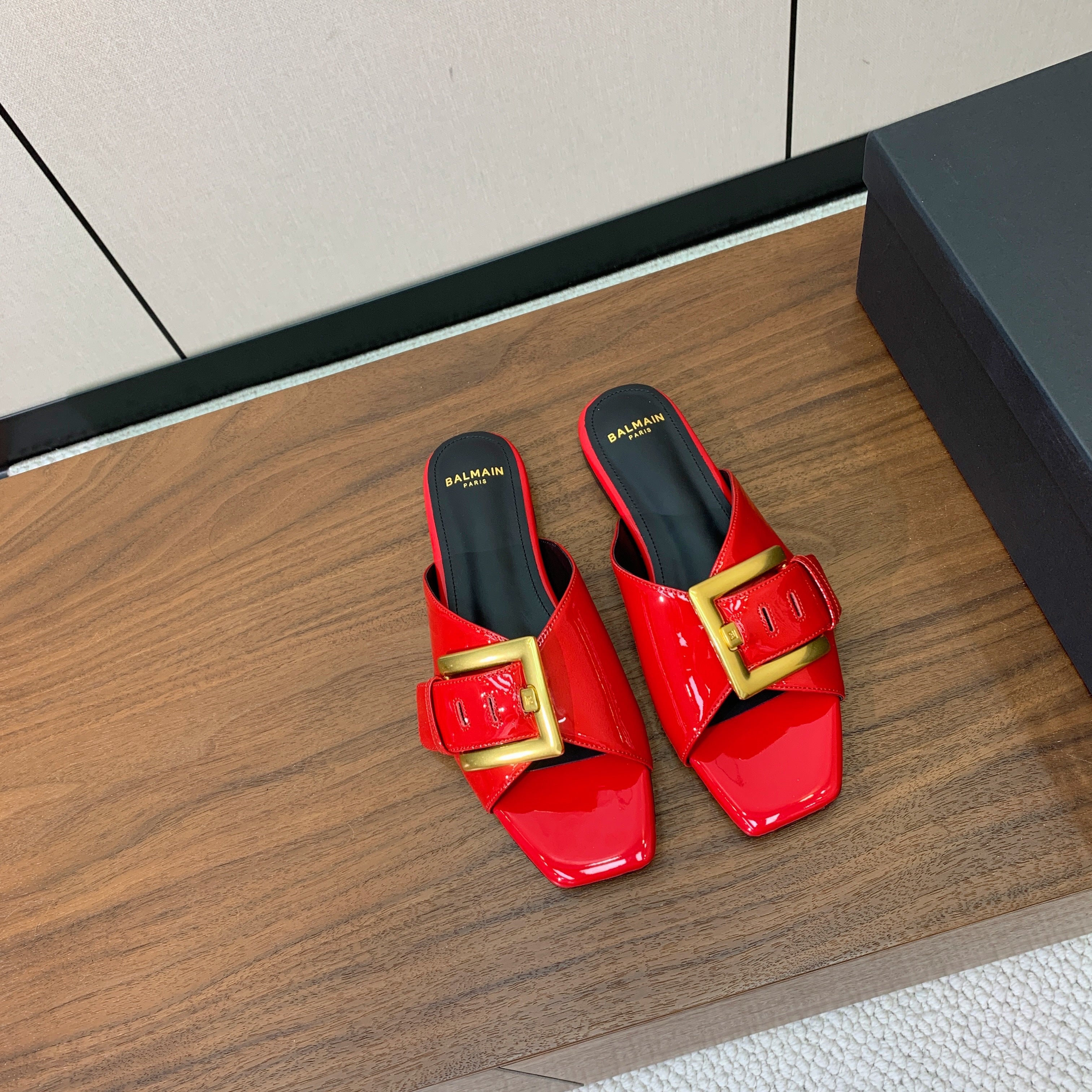 BALMAIN 26S B-BELT FLAT SANDALS IN RED CALFSKIN