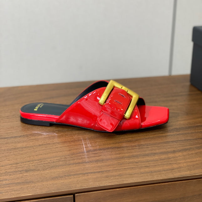BALMAIN 26S B-BELT FLAT SANDALS IN RED CALFSKIN