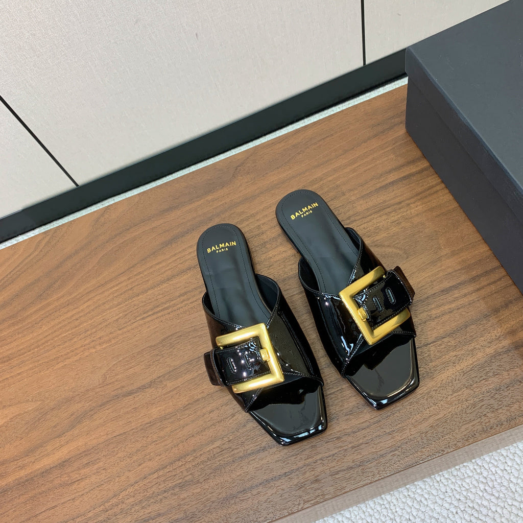 BALMAIN 26S B-BELT FLAT SANDALS IN BLACK CALFSKIN