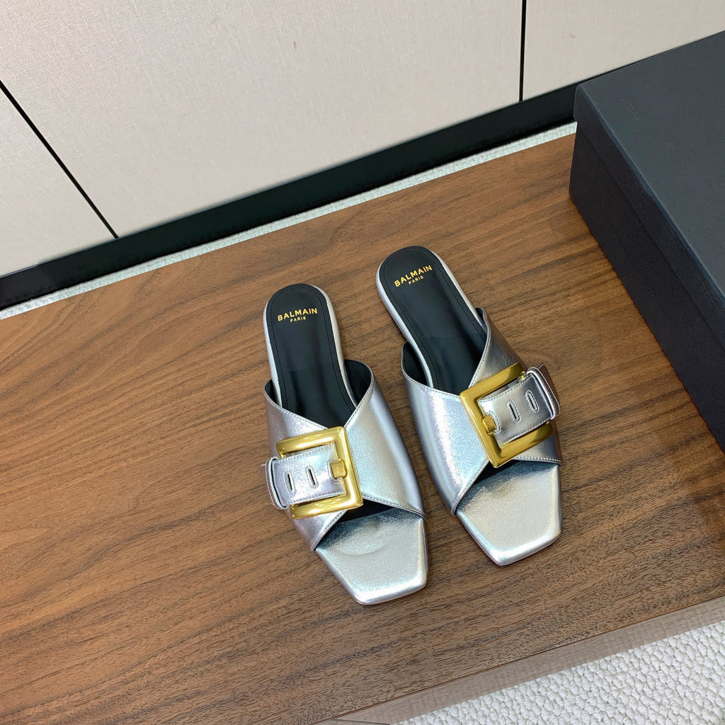 BALMAIN 26S B-BELT FLAT SANDALS IN METALLIC SILVER CALFSKIN