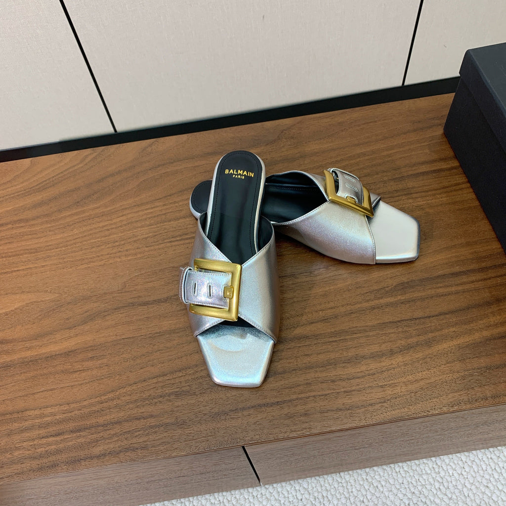BALMAIN 26S B-BELT FLAT SANDALS IN METALLIC SILVER CALFSKIN