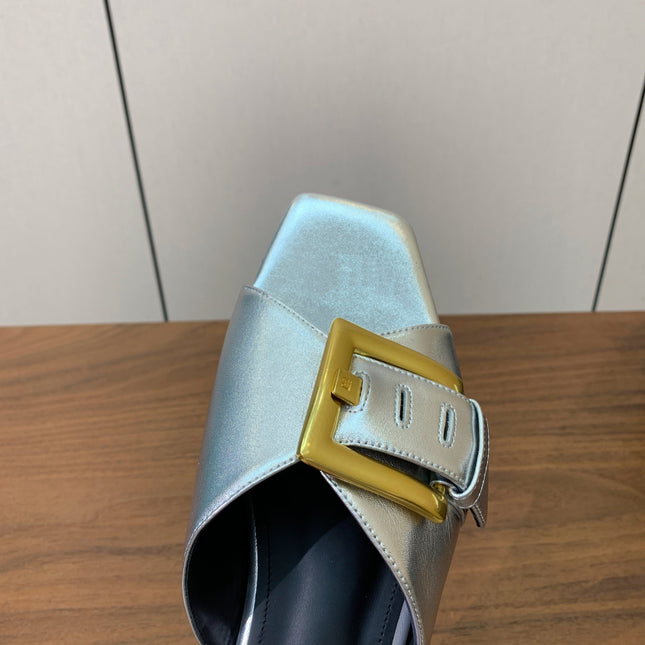 BALMAIN 26S B-BELT FLAT SANDALS IN METALLIC SILVER CALFSKIN