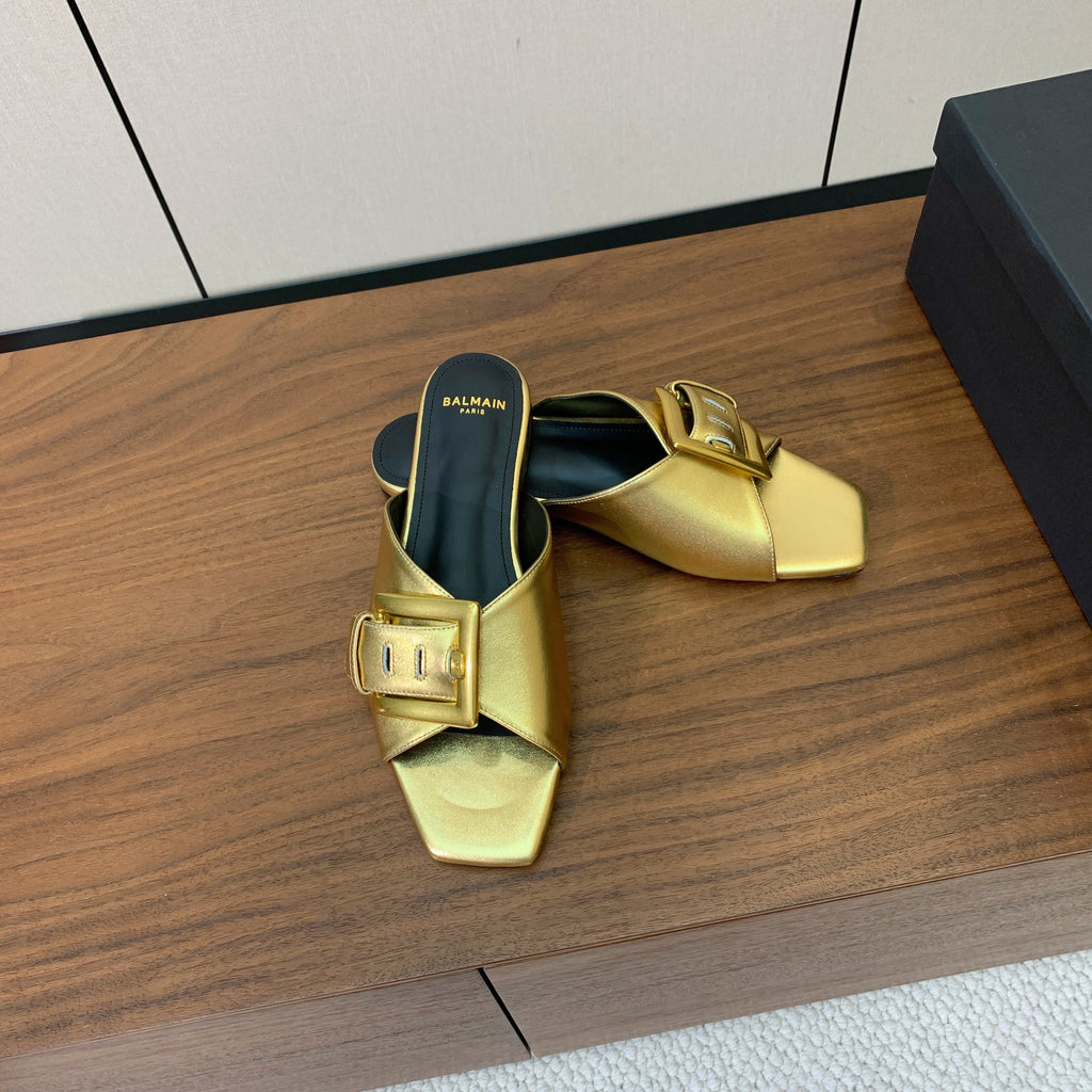BALMAIN 26S B-BELT FLAT SANDALS IN METALLIC GOLD CALFSKIN