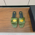 BALMAIN 26S LIP-EMBELLISHED SLIDES IN OLIVE GREEN PONY HAIR WITH GOLD HARDWARE