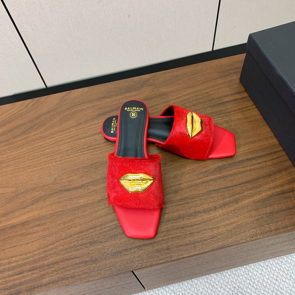 BALMAIN 26S LIP-EMBELLISHED SLIDES IN RED PONY HAIR WITH GOLD HARDWARE