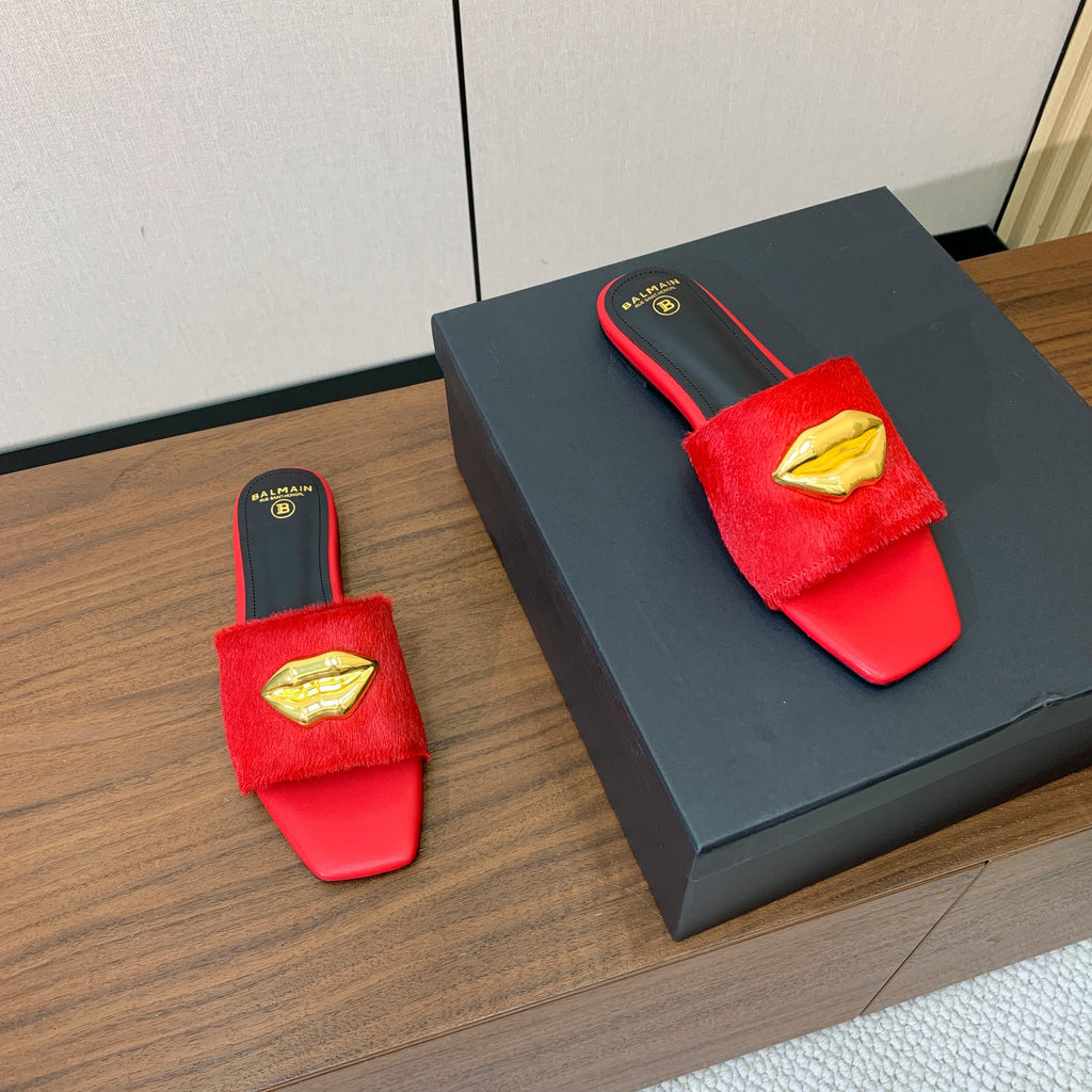 BALMAIN 26S LIP-EMBELLISHED SLIDES IN RED PONY HAIR WITH GOLD HARDWARE