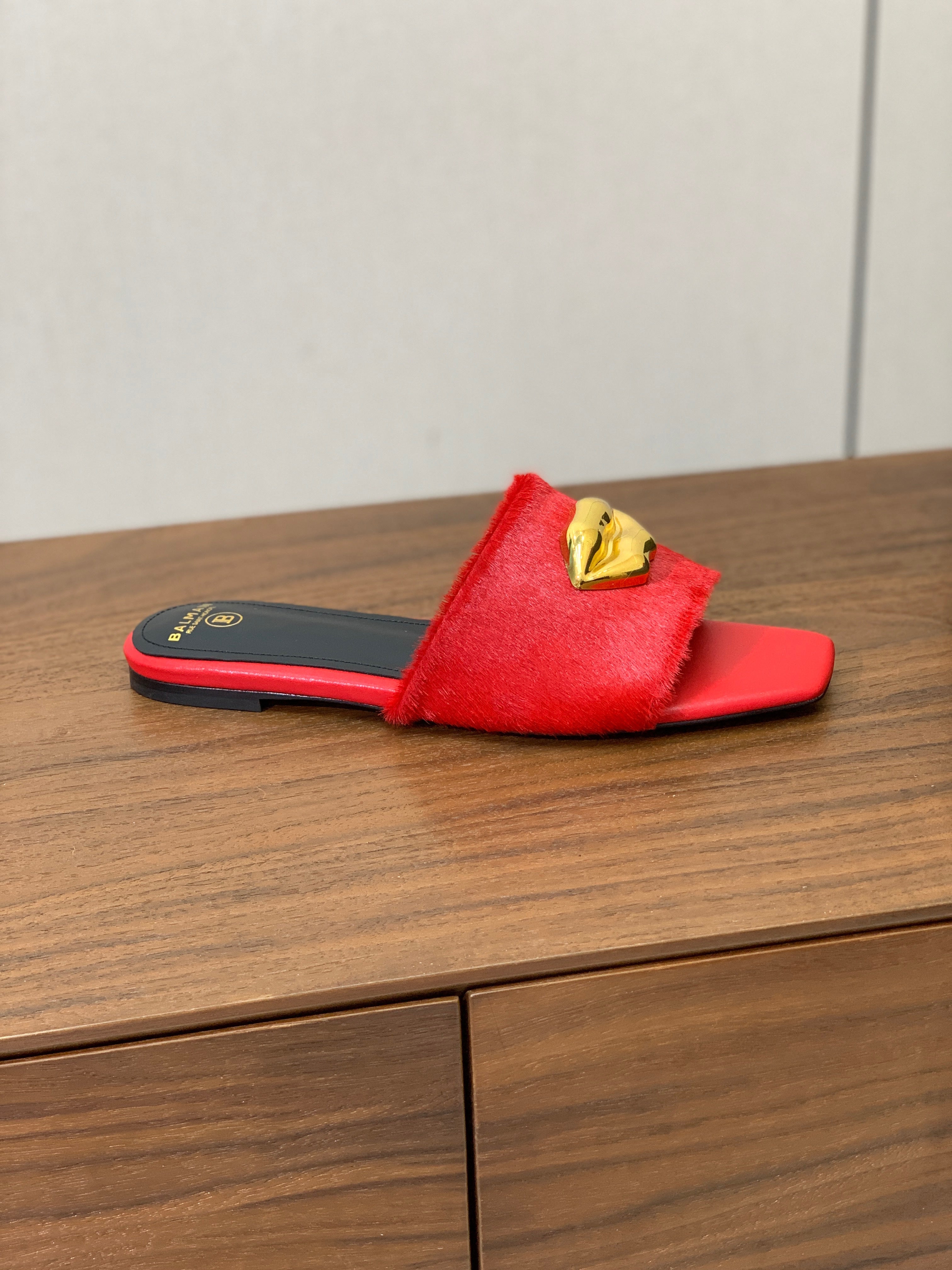 BALMAIN 26S LIP-EMBELLISHED SLIDES IN RED PONY HAIR WITH GOLD HARDWARE