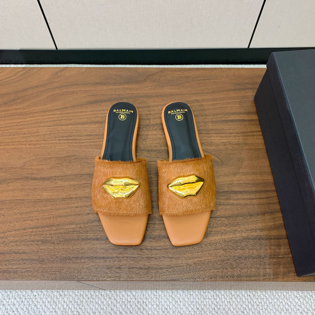 BALMAIN 26S LIP-EMBELLISHED SLIDES IN LIGHT BROWN PONY HAIR WITH GOLD HARDWARE