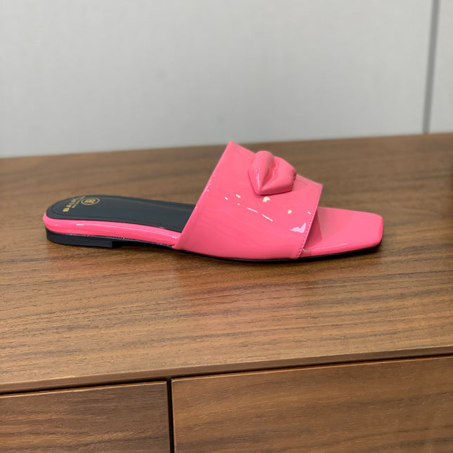 BALMAIN 26S LIP-EMBELLISHED SLIDES IN PINK PATENT CALFSKIN