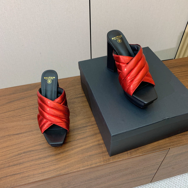 BALMAIN 26S QUILTED PLATFORM MULES 105 MM IN METALLIC RED CALFSKIN