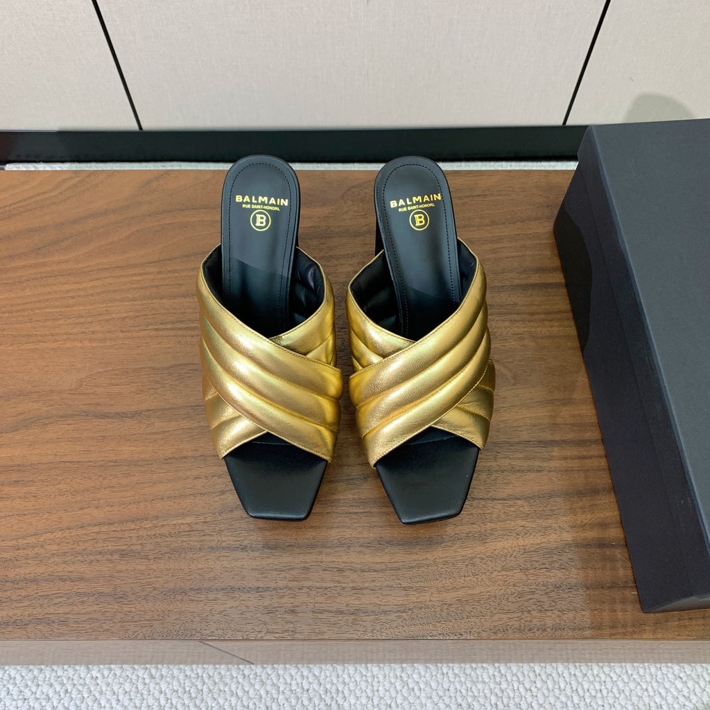 BALMAIN 26S QUILTED PLATFORM MULES 105 MM IN GOLD CALFSKIN