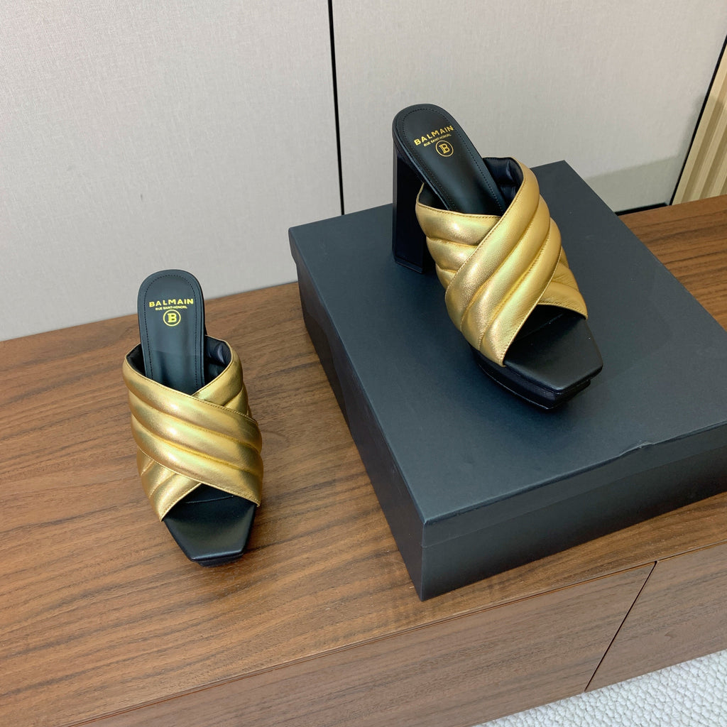 BALMAIN 26S QUILTED PLATFORM MULES 105 MM IN GOLD CALFSKIN