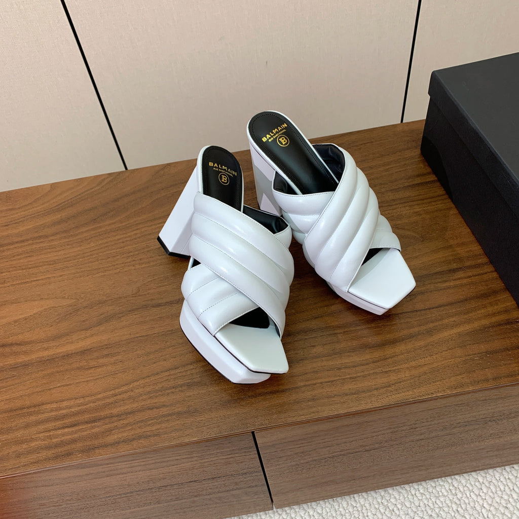 BALMAIN 26S QUILTED PLATFORM MULES 105 MM IN WHITE CALFSKIN