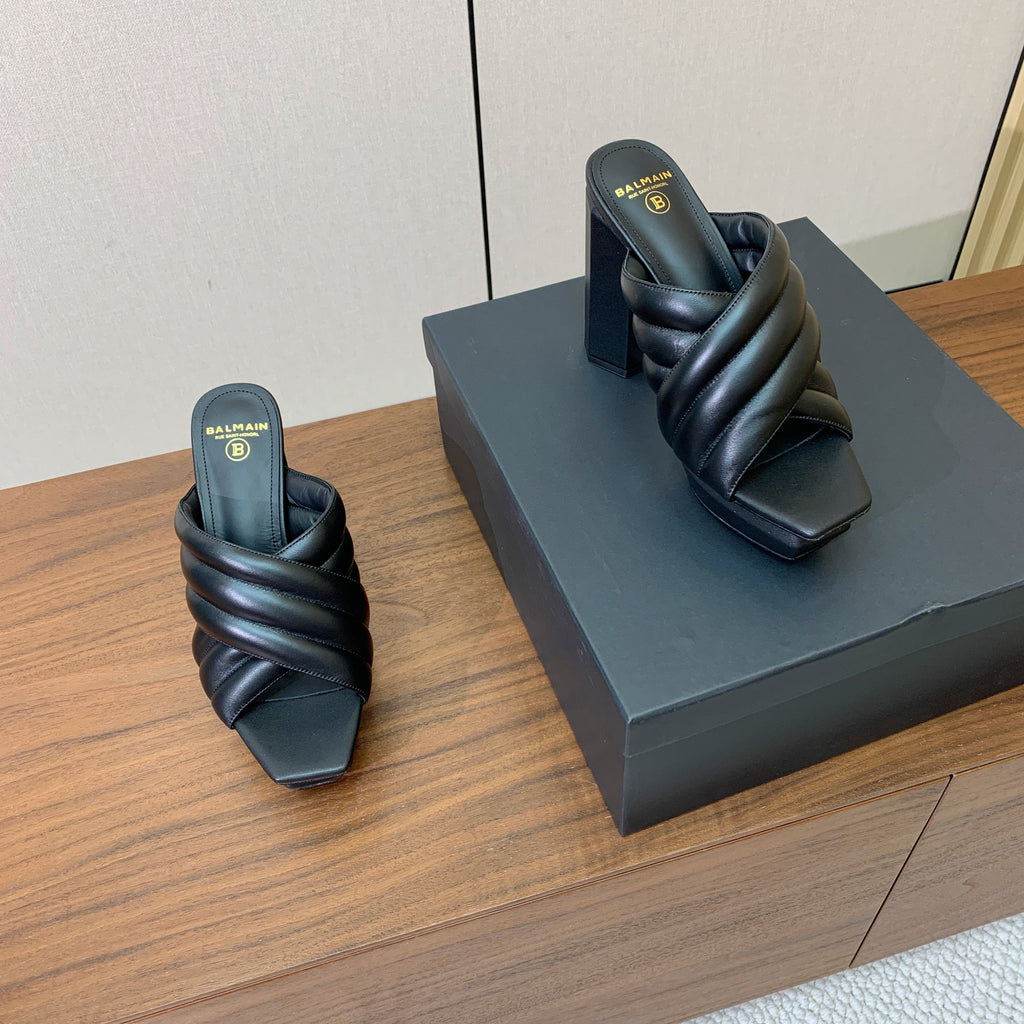 BALMAIN 26S QUILTED PLATFORM MULES 105 MM IN BLACK CALFSKIN