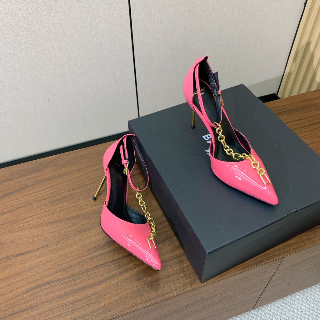 BALMAIN 26S CHAIN HIGH HEELS 95 MM IN PINK PATENT CALFSKIN